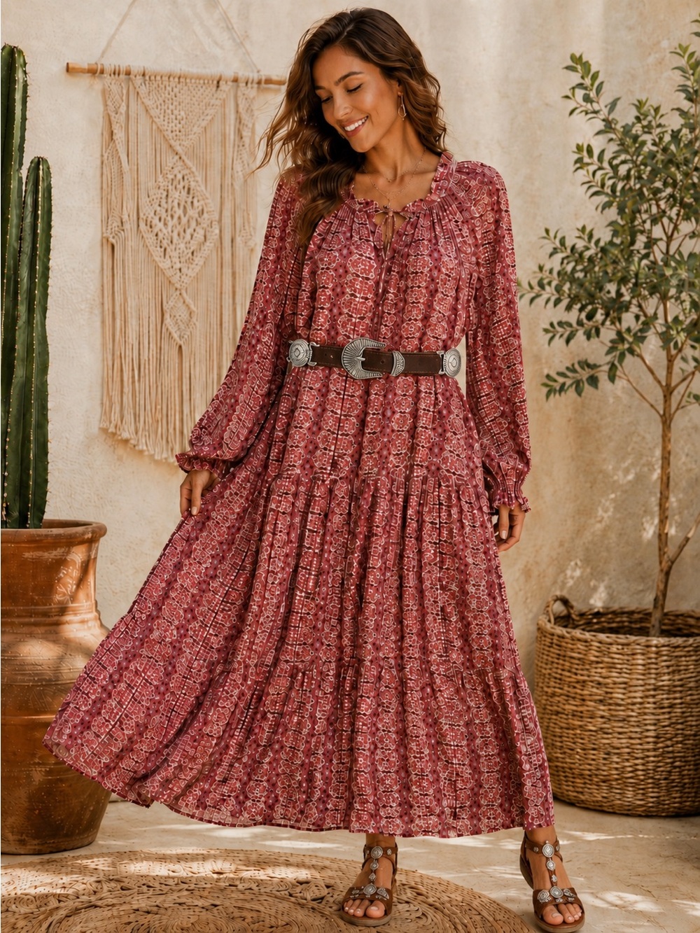 easel Dusty Rose Floral Tiered Maxi Dress